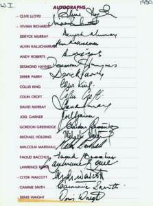 1980 West Indies Team, 19 signatures on page including Viv Richards, Clive Lloyd & Malcolm Marshall. 