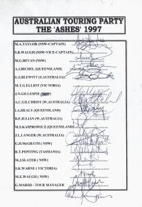 1983-99 team sheets, noted 1997 Australia; NSW, Queensland (2), South Aust (4), Tasmania (2), Victoria (2) & Western Australia (2). Good range of signatures.