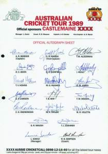 1989 Australian Team to England, official team sheet with 19 signatures including Allan Border (captain), Geoff Marsh & Merv Hughes. Scarce. {Mark Taylor's first tour. Border's first major series win as Test captain}.
