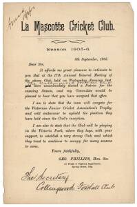 COLLINGWOOD: 1905 letter from La Mascotte Cricket Club (precursor of Collingwood CC), advising that the Collingwood Football Club were elected as a Patron for season 1905-6.