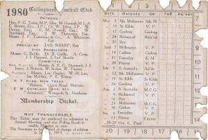 COLLINGWOOD: 1919 Member's Season Ticket, No.1980, with Fixture List & hole punched for each game attended. Fair/G (some cover faults). {Premiership Year}.