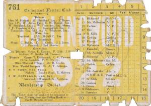 COLLINGWOOD: 1922 Member's Season Ticket, No.761, with Fixture List & hole punched for each game attended. Fair/G (some cover faults).