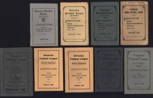 'Victorian Junior Football League. Constitution & Rules booklet for Season 1922"; 'Victorian Football League, 2nd Eighteens. Constitution & Rules booklets for Seasons 1923, 1924, 1925, 1928, 1929, 1931 & 1932. Plus "Victorian Football League, Memorandum &