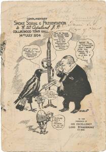 COLLINGWOOD: 1924 menu/programme "Complimentary Smoke Social & Presentation to E.W.Copeland, Collingwood Town Hall, 14th July 1924", with 50 pencil signatures including John Wren, E.W.Copeland, Jack Ryder, Jock McHale & Dick Lee. Minor faults though rare 