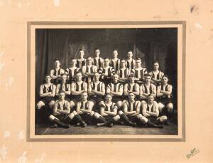 COLLINGWOOD: 1927 team photograph (Premiership year), most players wearing distinctive Collingwood jumpers, almost like rowing singlets, size 43x33cm.