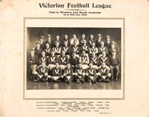 1929 VICTORIAN "BIG V" TEAM, original team photograph with title, "Victorian Football League, Visit to Western and South Australia, 1st to 16th July 1929", and players names printed on mount, size 60x46cm. Minor soiling on mount. Team includes Albert Coll