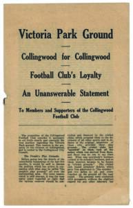 COLLINGWOOD: 1933-34 Collingwood Football Club v Collingwood Cricket Club battle regarding use of Victoria Park - group with 8-page booklet "Victoria Park Ground - Collingwood for Collingwood"; letter from City of Collingwood; Minutes of Conference betwee