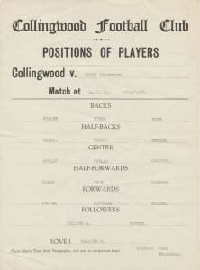 COLLINGWOOD: "Collingwood Football Club, Position of Players, Collingwood v South Melbourne. Match at MCG 5/10/1935". Wonderful item for 1935 Grand Final, won by Collingwood 11.12.78 to South Melb 7.16.58. Collingwood's 10th Premiership.