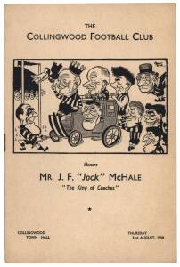 COLLINGWOOD: 1950 programme farewelling Jock McHale, player 1903-20, coach 1911-50 with a record 10 Premierships. Superb condition. {Note early Weg cartoon on front cover}.