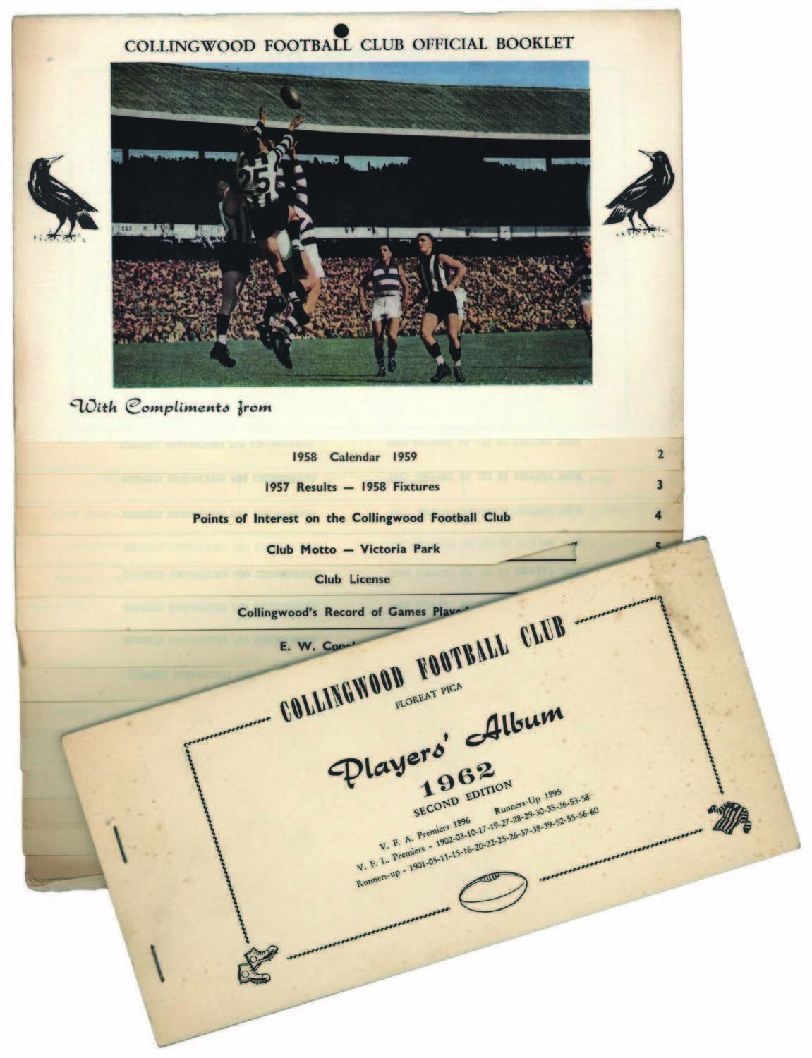 COLLINGWOOD: Scarce booklets & yearbooks, noted Collingwood Football Club  Official Booklet/Calendar for 1958 & 1959; Players Albums/Yearbooks for 1962,  1964, 1965, 1966, 1967, 1969, 1970 & 1971. Fair/Good condition.
