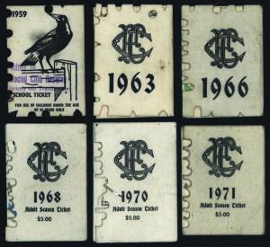 COLLINGWOOD: Member's Season Tickets, collection with 1959 School Ticket, 1963, 1966, 1968-79, 1984-85 & 1988. Poor/VG condition.