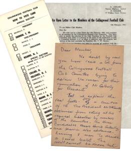 COLLINGWOOD: 1963 Committee battle, group including original draft of Harry & Albert Collier's letter to members supporting Tom Sherrin against Jack Galbally; printed version of letter; 5 pages of signed petitions; flyer & How to Vote Card.