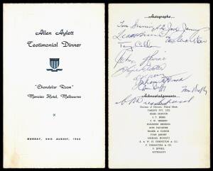 NORTH MELBOURNE: 1964 menu "Allen Aylett Testimonial Dinner" with 12 signatures including Tom Sherrin, Leo O'Brien & Tony Charlton.