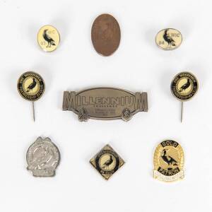 COLLINGWOOD: c1960s-2000 badges, noted Proof for 1983 membership badge; "Gold Patron Collingwood" badge; "The Fighting Magpie" badge.