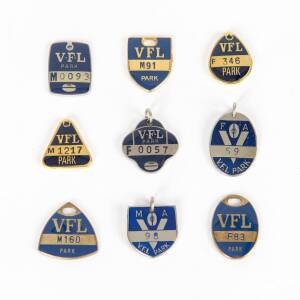 VFL PARK Membership badges (32), two different types for each year 1970-82, plus group 1980s (6). G/VG.