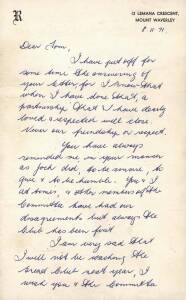 BOB ROSE: 1971 (8th November) letter from Bob Rose to Collingwood President Tom Sherrin resigning from his position as Collingwood coach. [Bob Rose coached Collingwood 1964-71; Footscray 1972-75; Collingwood 1985-86].