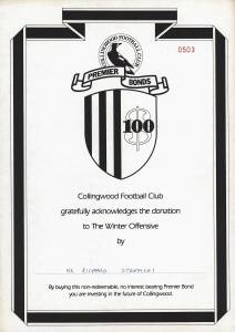 COLLINGWOOD: $100 Premier Bonds (2) from the Winter Offensive 1985.