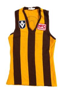 ROBERT DIPIERDOMENICO'S HAWTHORN JUMPER, brown & gold, with VFL & "HFC Finance" badges on front, and number "9" on reverse, from mid 1980s, made by Polwarth.