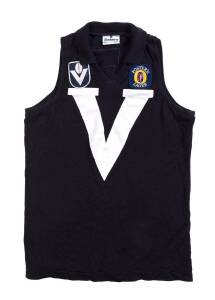 ROBERT DIPIERDOMENICO'S VICTORIAN JUMPER, navy blue wool, white "V" on front with VFL & "Foster's Lager" badges, and number "5" on reverse, from arguably the greatest State of Origin game ever - 1986 Western Australia v Victoria in Subiaco.