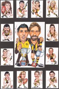 HAWTHORN: 1988 Premiership display comprising group of 13 caricature pictures by Rogers, overall 50x75cm.