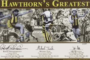 HAWTHORN: "Hawthorn's Greatest", display signed by Robert DiPierdomenico, Michael Tuck & John Platten, window mounted, framed & glazed, overall 92x67cm.