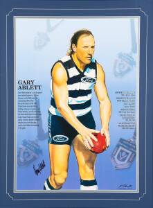 GARY ABLETT SR. (Geelong), "Gary Ablett", print by John Christie, signed by Gary Ablett, window mounted, framed & glazed, overall 91x116cm. With CoA.