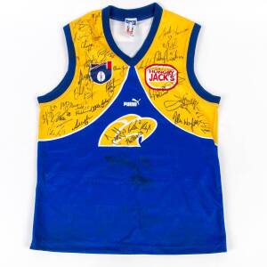 WEST COAST: c1990s West Coast Eagles jumper, with signatures of 30 players including John Worsfold, Guy McKenna, Dean Kemp, Fraser Gehrig & Glen Jakovich.