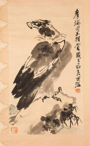 A Chinese hanging scroll, Ding Mao cyclical year, 1924 or 1984, Ink and slight colour on paper, depicting an eagle, inscription and two seals, 82 x 46cm, Provenance: Sydney private collection