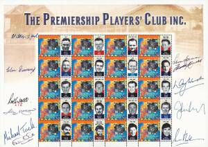 PREMIERSHIP PLAYERS' CLUB: 2000 sheetlet "First Personalised Stamp Issue" comprising sheet of 20 personalised stamps,  with 11 signatures in margin including Milton Lamb, Doug Wade, Robert Walls, John Nicholls, Michel Tuck & Simon Madden,. Sheet number 17