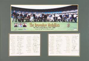 "THE BROWNLOW MEDALLISTS", display with signatures of 49 Brownlow medallists including Dick Reynolds, Keith Greig, Ian Stewart, Bob Skilton, Verdun Howell,Brian Gleeson, Michael Voss, Kevin Murray, Peter Bedford, Tony Liberatore, Malcolm Blight, John Plat