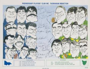 PREMIERSHIP PLAYERS' CLUB: 2002 "Premiership Players' Club Inc. Tasmanian Induction" poster with 23 signatures including Terry Daniher, Alex Jesaulenko, Peter Hudson, Darrel Baldock & Royce Hart. Ex Royce Hart collection.