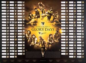 HAWTHORN: "Hawthorn's Glory Days" display signed by 118 Premiership players, including Graham Arthur, Peter Hudson, Peter Knights, Michael Tuck, Leigh Matthews, Gary Ayres, Dermott Brereton, Jason Dunstall & Luke Hodge, limited edition "PE/100", window mo