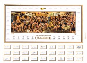 HAWTHORN: "Hawthorn Football Club, Ultimate Hawks Premiership Team", display with print by Jamie Cooper, signed by the artist and numbered "Player's Edition", window mounted with 26 signatures (4 facsimile), framed & glazed, overall 118x89cm.