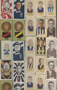 c1930s battered card album with football cards (148) & other cards (91), noted scarce 1932 Hoadleys (21); 1933 Giant Licorice "Football Colours" (2); Wills "Footballers 1933" (75). Poor/G.