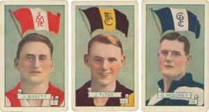 1934 Allens "League Footballers" (Pennants), almost complete set [61/72]. Eleven damaged, others Fair/VG.