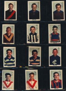 1938-58 football cards, noted 1938 Hoadleys "League Footballers" [2/72]; Kornies 1948 (5), 1949 (3), 1950 (13), 1951 (25), 1952 (10) & 1953 (4); 1958 Atlantic "Victorian League Stars" [24/128]. Fair/VG.