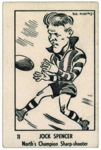 1950 Unknown Issuer "Leading League Players Caricatures by Bob Mirams" - No.11 Jock Spencer (North Melb). Good condition. Rarity 9.