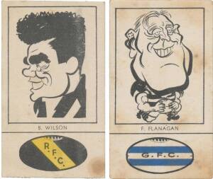 1954 Fyna Foods "Victorian Footballer Caricatures" [5/24] with club colours at base, No.2 N.Broderick (Fitzroy), 10. F.Flanagan (Geelong), 16.B.Wilson (Richmond), 22.B.Phillips (St.Kilda) & 23.N.Pearson (Hawthorn). Fair/G. Rarity 8.