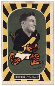 1957 Kornies "Footballer - Mascot Swap Cards", [1/36] - No.35 Laurie Sharp (Richmond). G/VG. Rarity 8.
