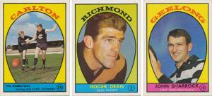 1968 Scanlens "Footballers" Series A (puzzle of 1967 Grand Final on reverse), part set [30/44], G/VG; 1968 Scanlens "VFL Club Mascot Inserts" [3/12 - St.Kilda, Carlton & North Melbourne], G/VG; 1968 Scanlens "Footballers" Series B (13), Poor; plus 1969 Sc