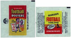 1970 "Scanlens Football Card Gum, 5c" wrapper; plus 1971 "Scanlens Football Posters" wrapper (Style 2). Good condition.