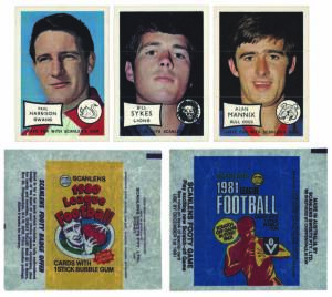 1970 Scanlens "Footballers Mini-Posters", part set [7/12 + 1 spare]; 1980-93 Scanlens wrappers (14); plus 1981 Football Heroes wrapper. Mainly G/VG condition. 