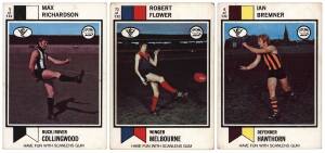 1974 Scanlens "Footballers", almost complete set [131/132 - missing No.110] plus one spare (No.123) & Checklists [2/12]. Fair/VG.