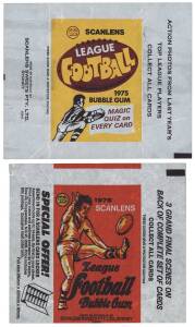 1975 "Scanlens, League Football, 1975 Bubble Gum" wrapper; plus 1976 "1976 Scanlens, League Football Bubble Gum" wrapper. G/VG condition. Scarce.