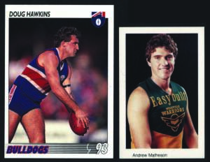 1983-93 football cards, noted 1983 Big Ben "SANFL Footballers" [29/60 + 15 spares]; 1992 Continuity Group "3-D colourgrams" [15]; 1993 Select [192]. G/VG.