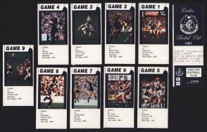 1987 Carlton FC "Game Tickets" [9/11 known]; plus 1996 AFL Centenary souvenir ticket; 1999 Citibank - "Craig Bradley card"; plus some Carlton ephemera.