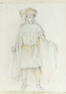 LOUDON SAINTHILL: Theatre costume design for The Canterbury Tales c1967,"The Knight", coloured pencil, framed. 50cm x 37cm