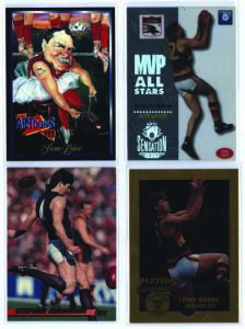 1994 football cards collection, noted 1994 Select base set [200], "Gold Series" [15/20], "Signature Cards" (1 - Gavin Wanganeen); 1994 Select "Cazaly Classics" [100], "Gold Cards" [9] & "Tony Modra Wild Card"; 1994 Dynamic "AFL Players Choice" [125], "Gol