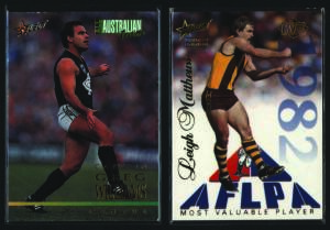 1995 football cards collection, with Select "AFL Series 1" [250], plus All Australian [21], Stats Smashers [5], Tribute Cards [4], Medal Cards [4], Jason Dunstall Legend Card;  "AFL Series 2" [200], plus Club Captains [16], Just Jezza [5]; 1995 Coca-Cola 