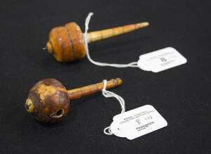 IVORY SPINNING TOP: 18th century with metal tips & ring turnings. Beautiful patina. 9 & 10cm.